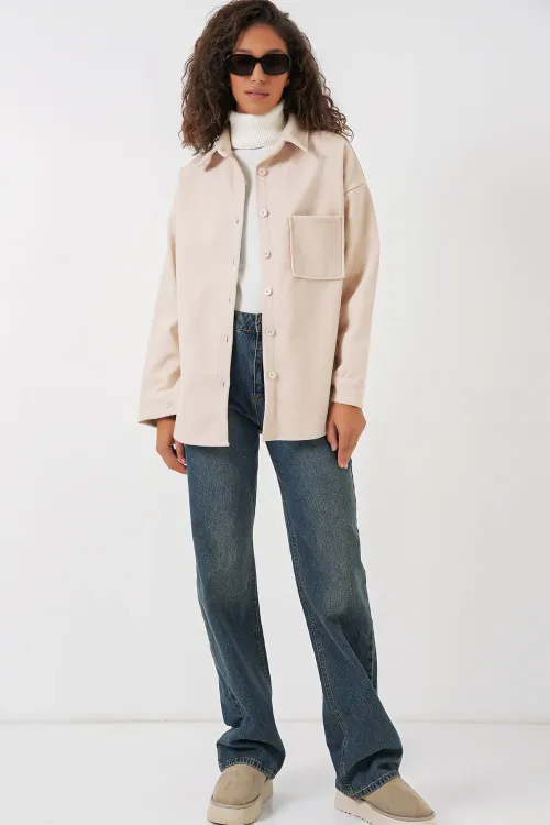 20273 Tek Cepli Düğmeli Kaşe Gömlek - Krem