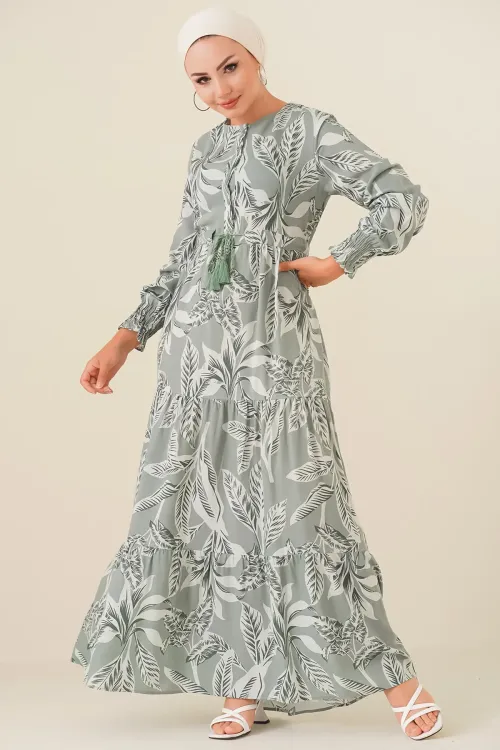 2145 Desenli Tesettür Elbise - Çağla