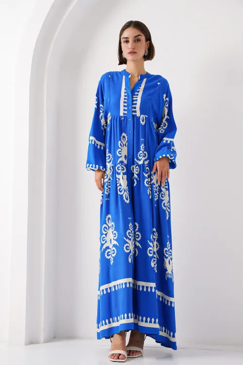 2423 Otantik Desenli Tesettür Elbise - Beyaz - Lacivert