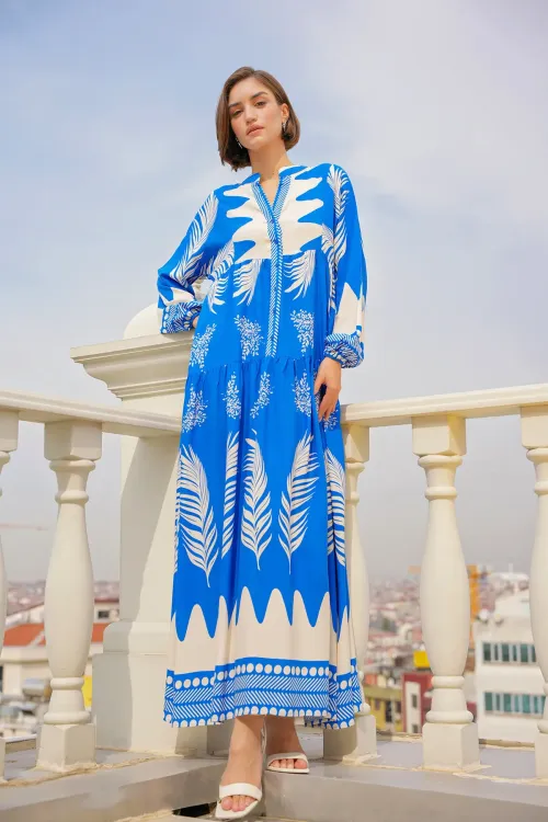 2423 Otantik Desenli Tesettür Elbise - M. Saks