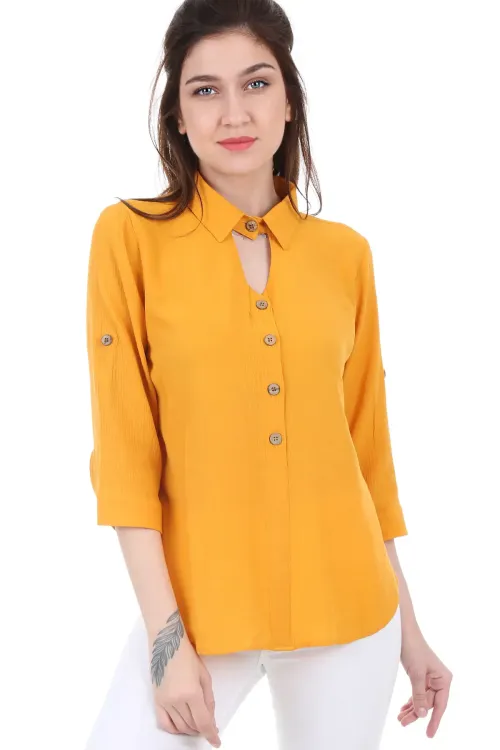 3658 GÖMLEK YAKA TAHTA DÜĞME BLUZ - Hardal