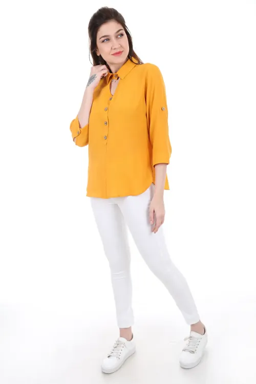 3658 GÖMLEK YAKA TAHTA DÜĞME BLUZ - Hardal