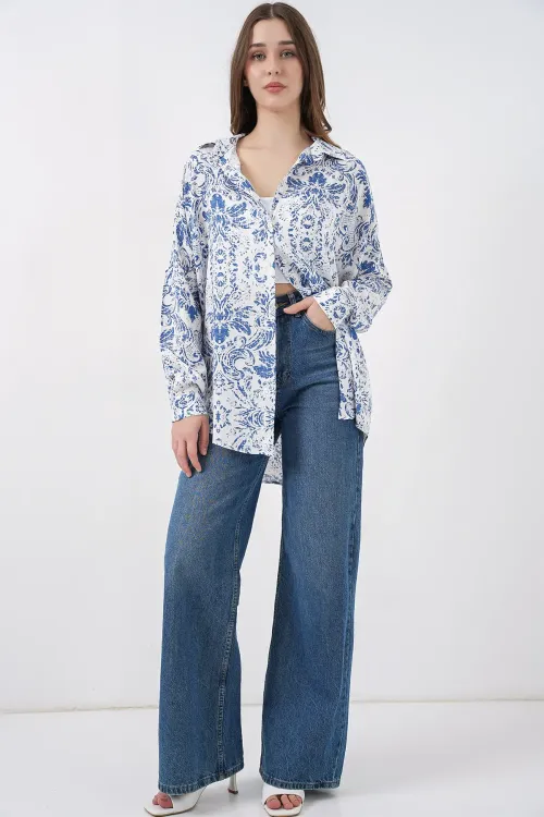 3721 Grafik Desenli Gömlek - Açık Mavi