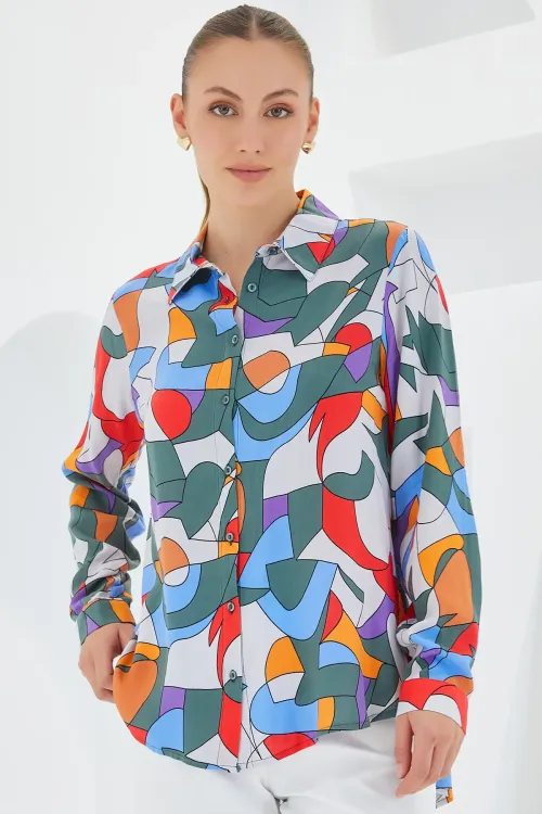 3721 Grafik Desenli Gömlek - E.Haki