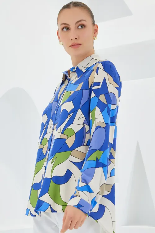 3721 Grafik Desenli Gömlek - İndigo