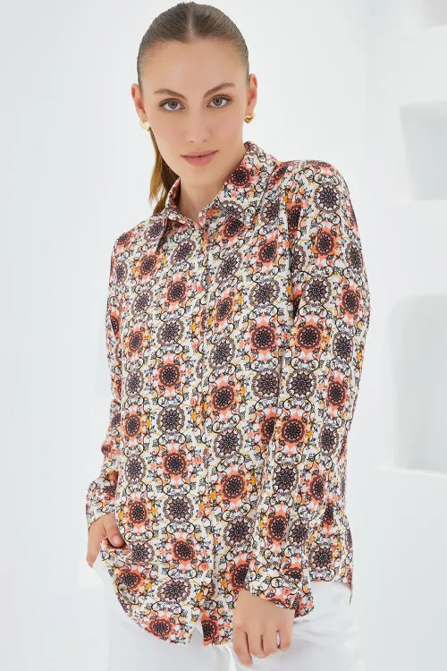 3721 Grafik Desenli Gömlek - Turuncu