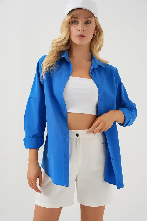 3900 Oversize Uzun Basic Gömlek - B.Mavi
