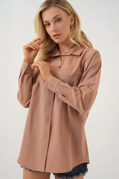3900 Oversize Uzun Basic Gömlek - Camel