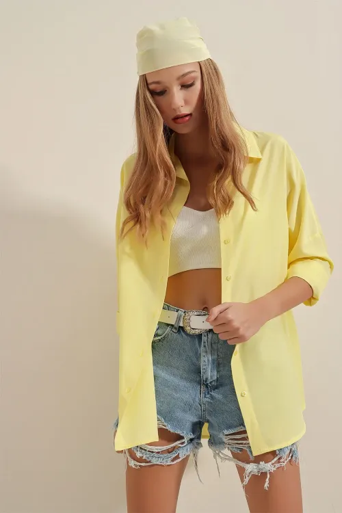 3900 Oversize Uzun Basic Gömlek - Sarı