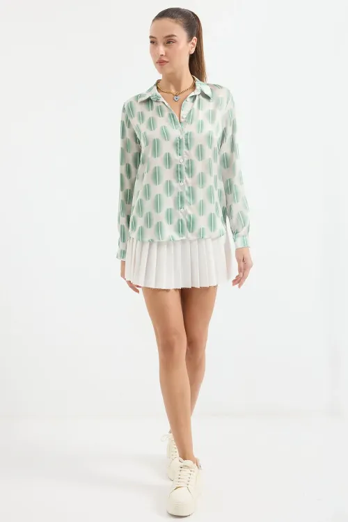 3964 Hafif Dökümlü Saten Gömlek - B. Haki