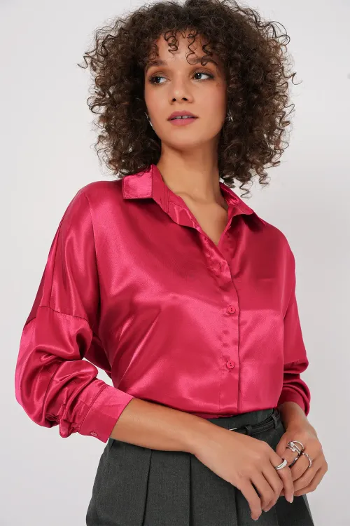 3985 Oversize Saten Gömlek - Bordo