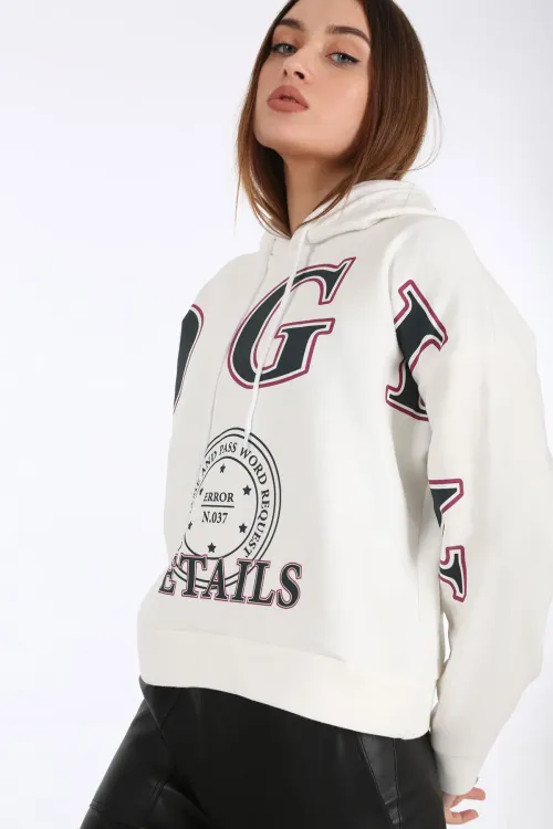4258 Kapşonlu Önü Baskılı Sweat - Beyaz