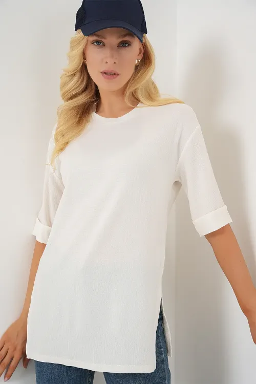4332 Yanı Yırtmaçlı Örme Tişört - Beyaz