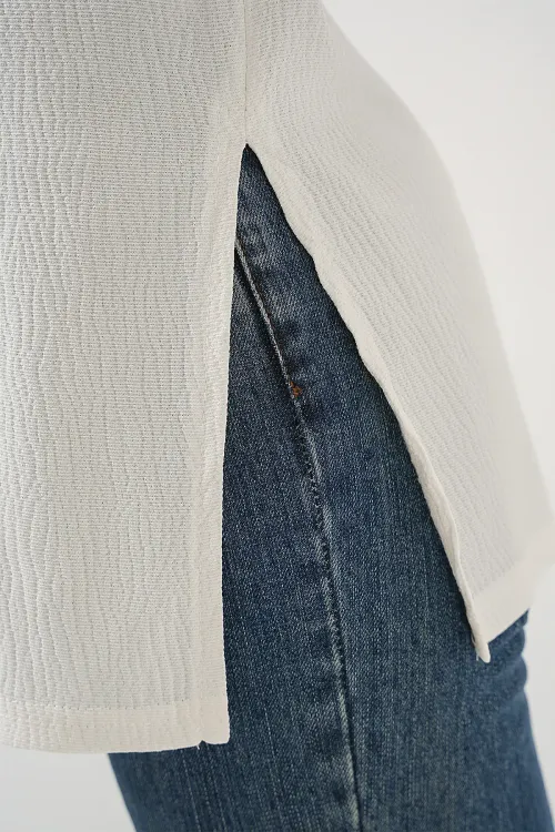 4332 Yanı Yırtmaçlı Örme Tişört - Beyaz