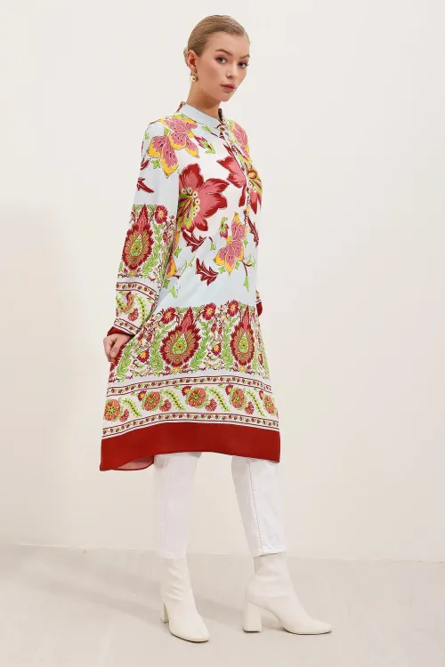 5903 Desenli Viskon Elbise - Bordo