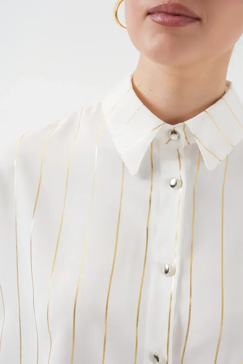 5924 Kadın Gold Çizgili Gömlek - C.Beyaz