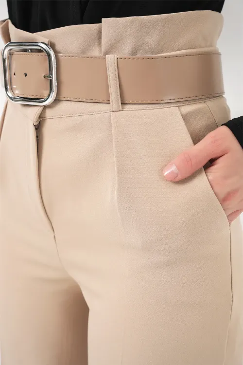6556 Kemerli Kumaş Pantolon - Krem