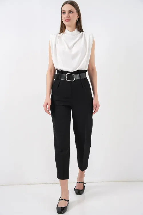 6556 Kemerli Kumaş Pantolon - Siyah