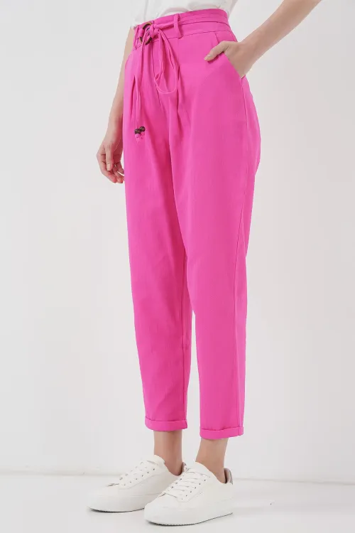6660 Kemerli Keten Pantolon - Fuşya