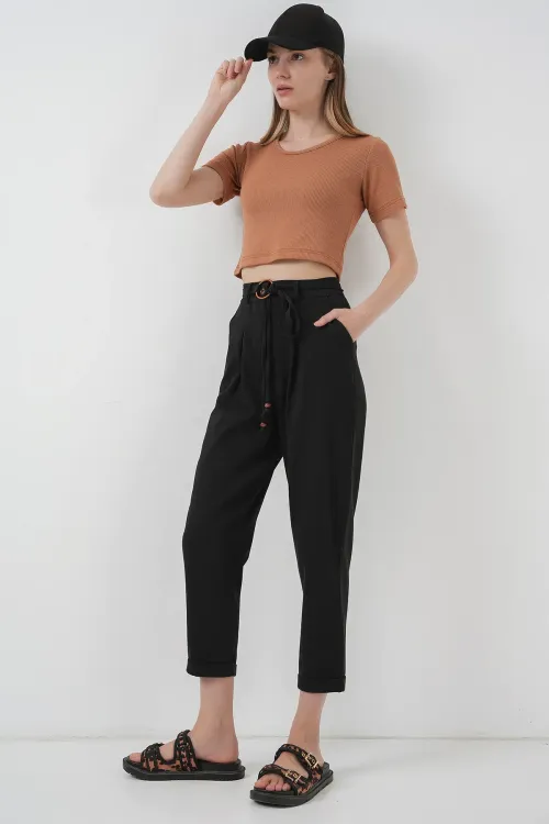6660 Kemerli Keten Pantolon - Siyah