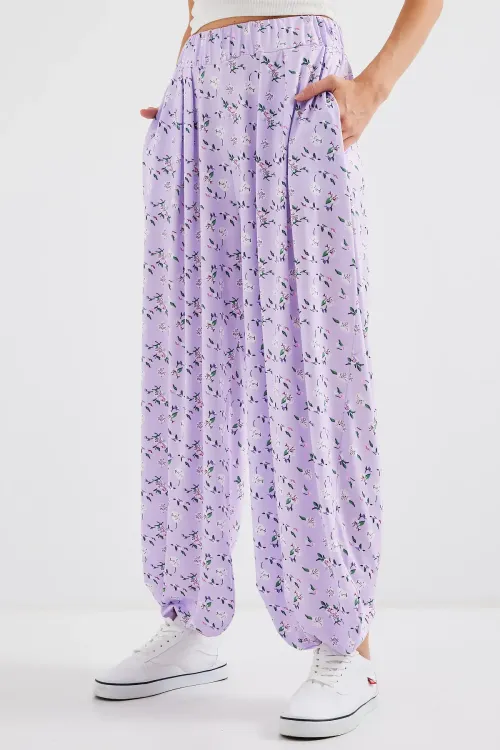 6665 Desenli Şalvar Pantolon - Lila