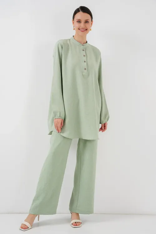 6678 Keten Tunik Pantolon İkili Takım - E.Yeşil