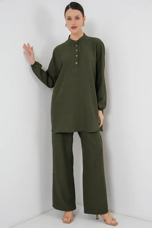 6678 Keten Tunik Pantolon İkili Takım - Haki