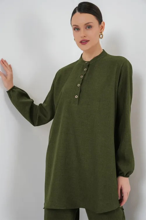 6678 Keten Tunik Pantolon İkili Takım - Haki