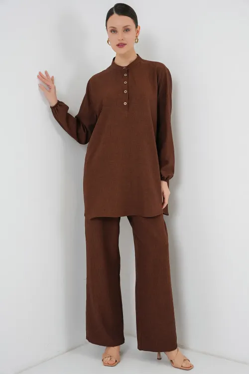 6678 Keten Tunik Pantolon İkili Takım - Kahverengi