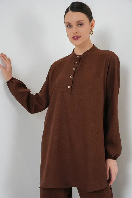 6678 Keten Tunik Pantolon İkili Takım - Kahverengi