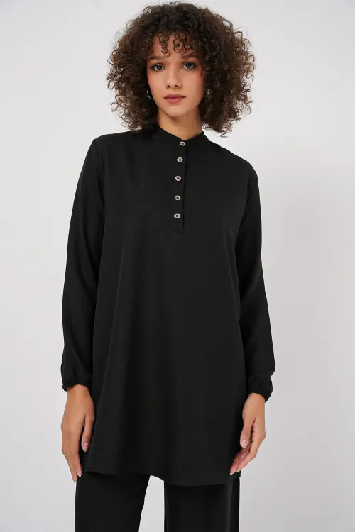 6678 Keten Tunik Pantolon İkili Takım - Siyah