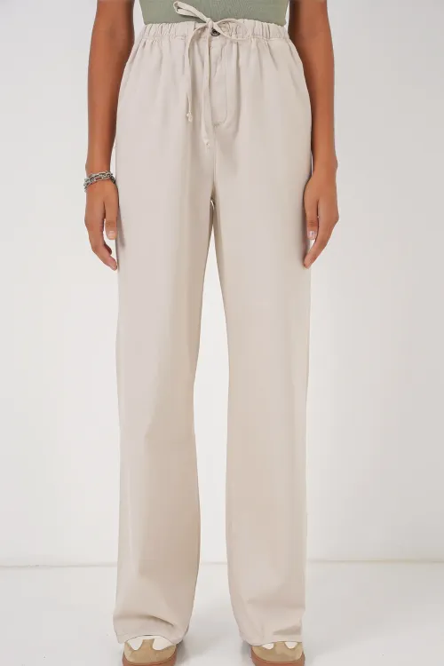 6690 Kadın Bol Paça Yüksek Bel Pantolon - Krem