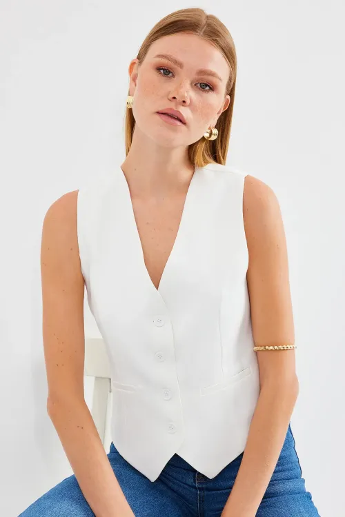 6796 Kısa Dokuma Yelek - Ekru