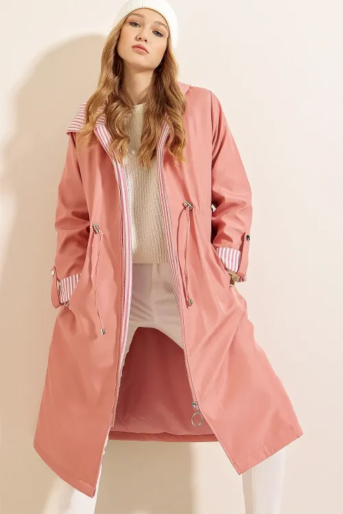 9091 Beli Büzgülü Kapşonlu Trençkot - Pembe