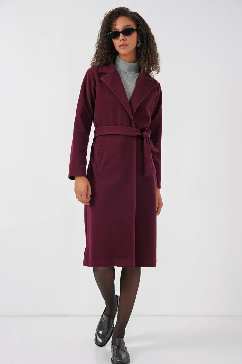 9118 Kruvaze Yaka Kaşe Kaban - Bordo