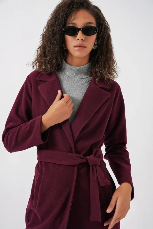 9118 Kruvaze Yaka Kaşe Kaban - Bordo