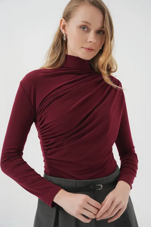925 Büzgü Detaylı Sandy Bluz - Bordo