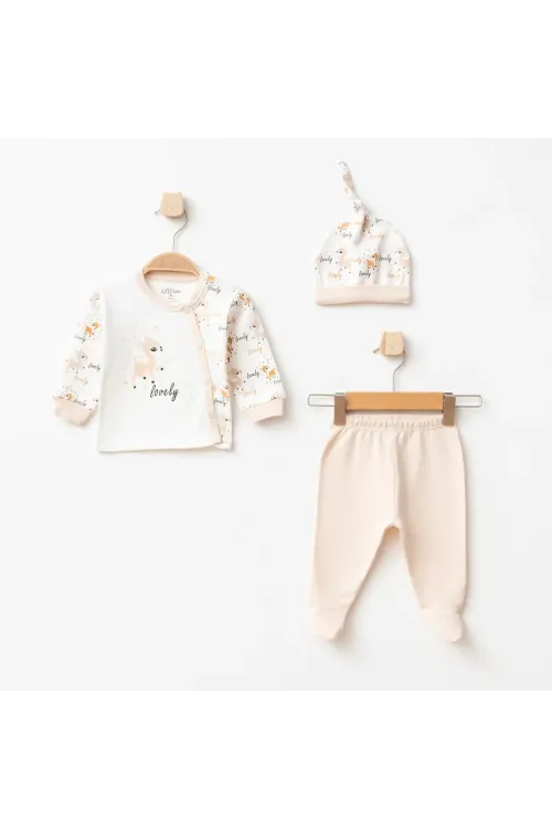 Aziz Bebe Kız Bebek % 100 Pamuk Zıbın Pantolon Bere 3 lü Alt Üst Bebek Takımı 0 Ay-6 Ay