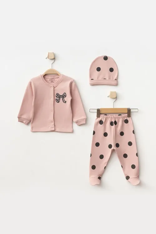 Aziz Bebe Kız Bebek % 100 Pamuk Zıbın Pantolon Bere 3 lü Alt Üst Bebek Takımı 0 Ay-6 Ay