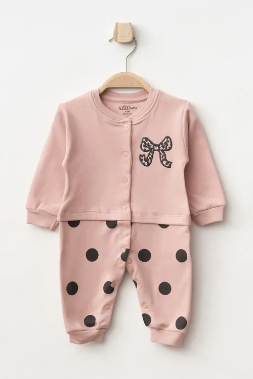 Aziz Bebe Kız Bebek Çıtçıtlı Fiyonk Nakişli %100 Pamuk Tulum 0 Ay 6 Ay