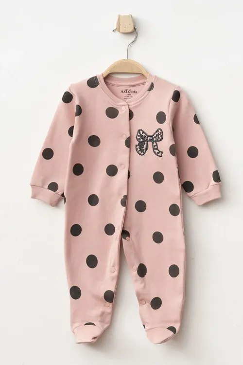 Aziz Bebe Kız Bebek Çıtçıtlı Fiyonk Nakişli Patikli Tulum 0 Ay 6 Ay