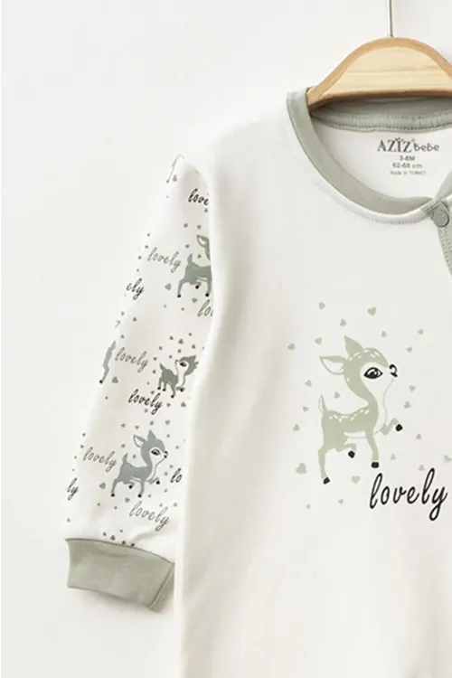 Aziz Bebe Kız Bebek Çıtçıtlı Geyik Desenli Tulum 0 Ay 6 Ay