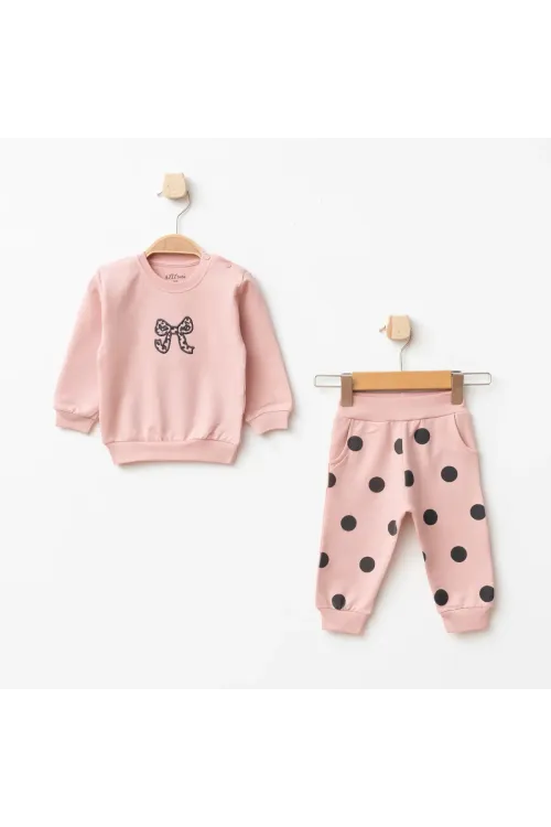 Aziz Bebe Kız Bebek Nakışlı Sweatshirt Pantolon 2 li Alt Üst Bebek Takımı 3 Ay-36 Ay