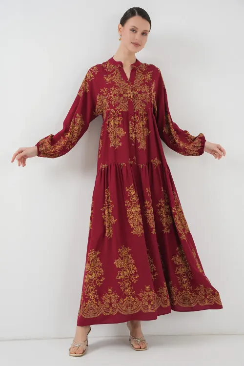 Bordo Gold Desenli Tesettür Elbise 2423