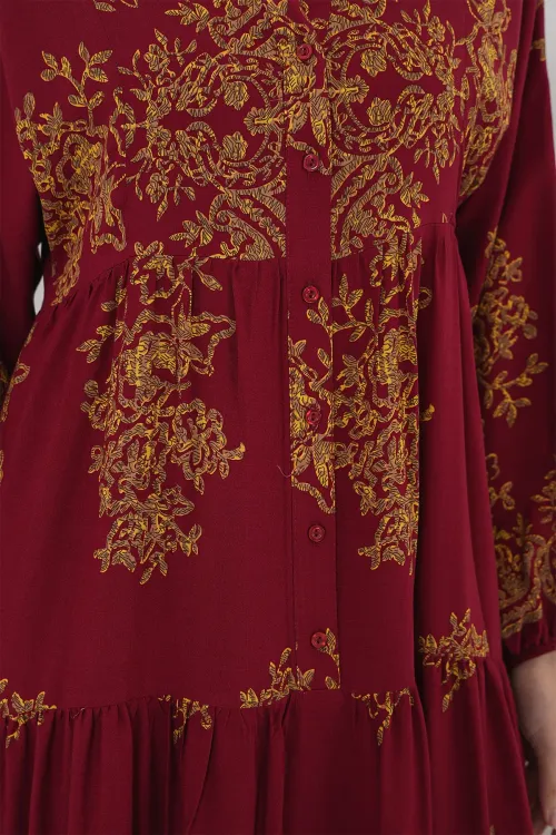 Bordo Gold Desenli Tesettür Elbise 2423
