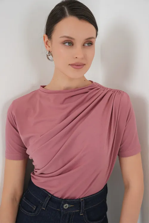 Büzgü Detaylı Kısa Kol Sandy Bluz 945 - Gül Kurusu