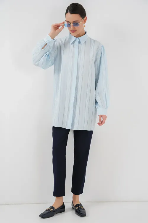 Çizgili Uzun Gömlek Tunik 5947 - Mavi