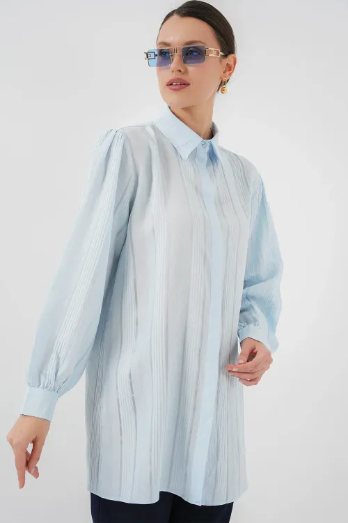 Çizgili Uzun Gömlek Tunik 5947 - Mavi