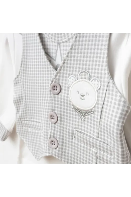 Erkek Bebek Ayı Nakışlı Sweatshirt Yelek Pantolon 3  lü Alt Üst Bebek Takımı 0 Ay - 6 Ay