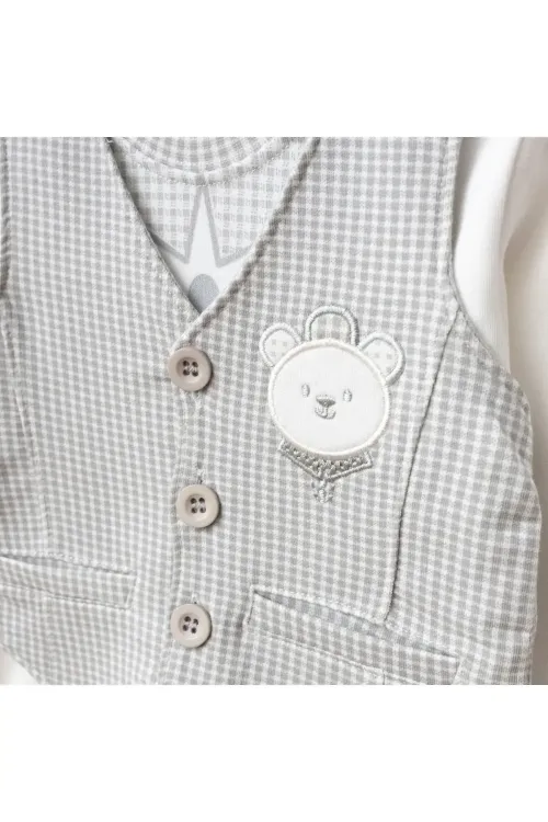 Erkek Bebek Ayı Nakışlı Sweatshirt Yelek Pantolon 3  lü Alt Üst Bebek Takımı 3 Ay - 36 Ay